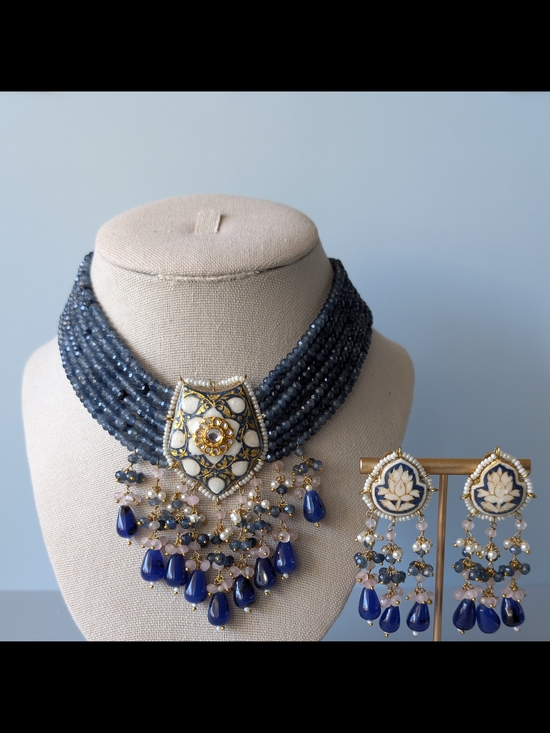 Jewelry - Elegant Blue Beaded Statement Necklace and Earrings Set